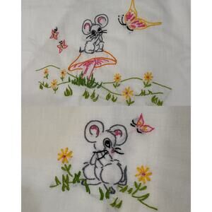 Vintage Hand Embroidered Mice Crib Top Sheet & Pillowcase